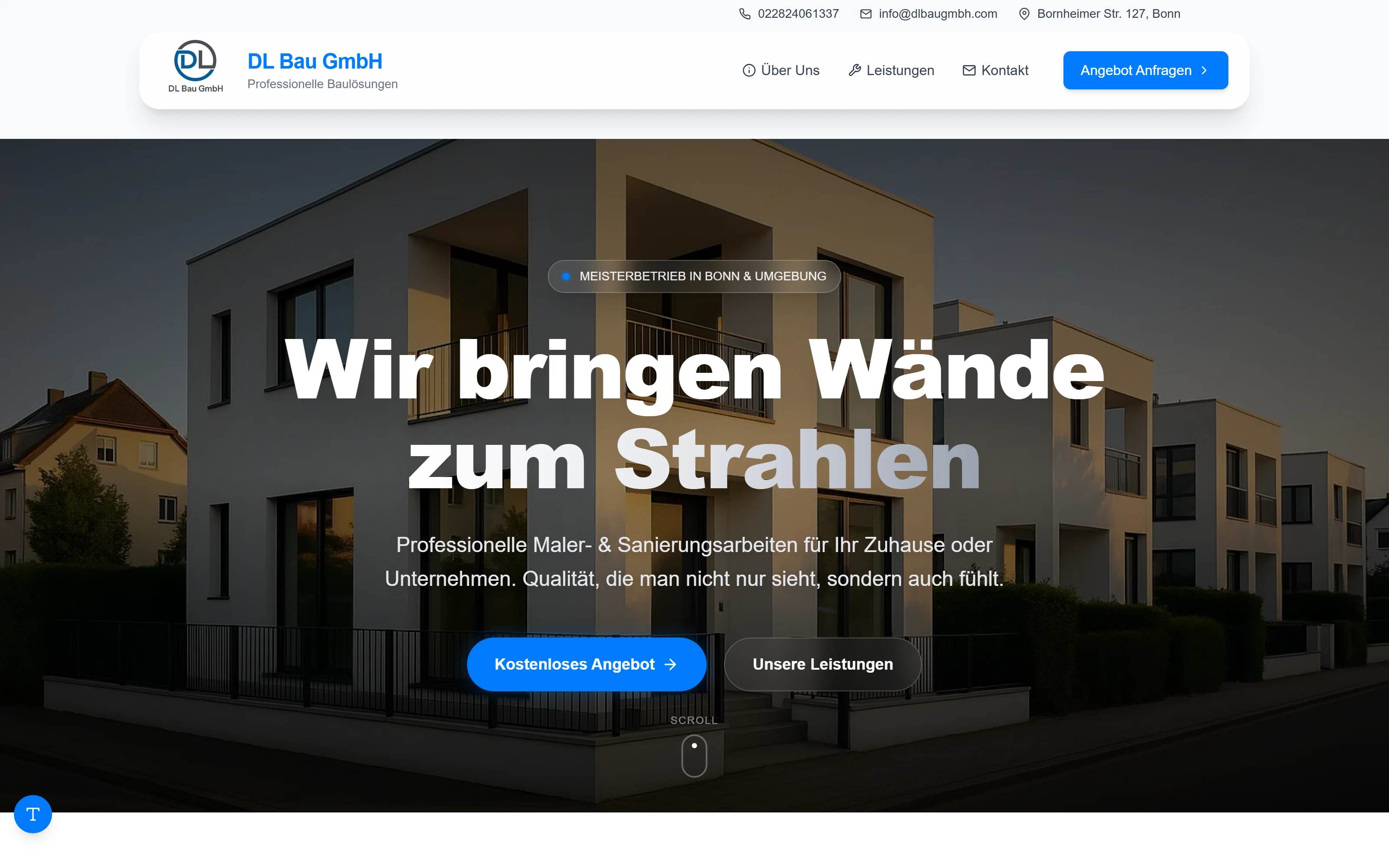 Live-Startseite des Website-Projekts DL Bau GmbH